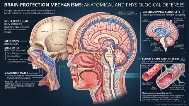 Brain Protection Mechanisms Anatomy Infographic Showing Human Skull and Neural Defenses