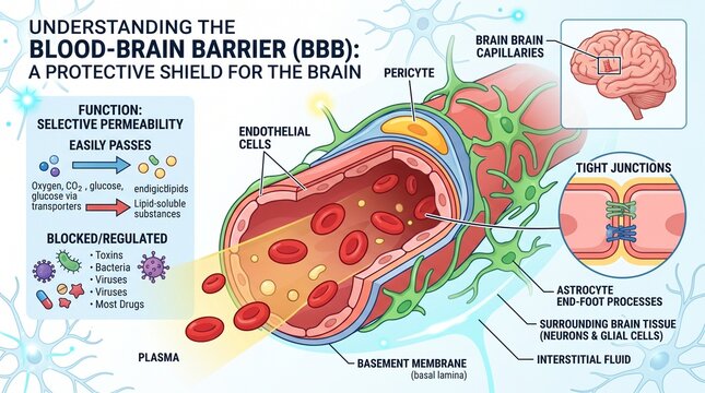 Blood-brain barrier infographic showing brain capillary structure and selective permeability.