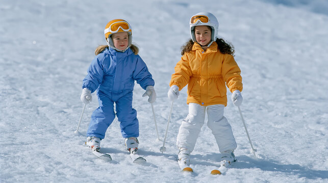 Two children skiing together on snowy slope for winter sport lessons and family vacation promotion