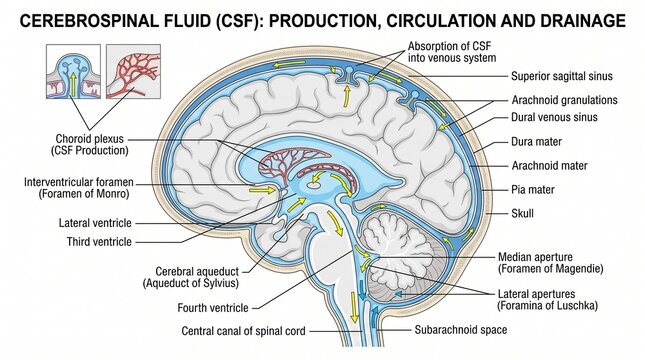 Cerebrospinal fluid circulation and drainage medical diagram of human brain anatomy.