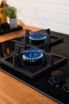 Modern black gas cooktop stove with burning blue flames on cast iron grates over stylish wooden countertop in contemporary kitchen setting with plants.