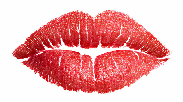 Red lipstick imprint showing detailed lip texture is isolated on a solid transparent surface.