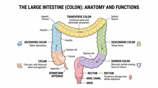 Large Intestine Anatomy Infographic Showing Colon Structure and Digestive System Functions