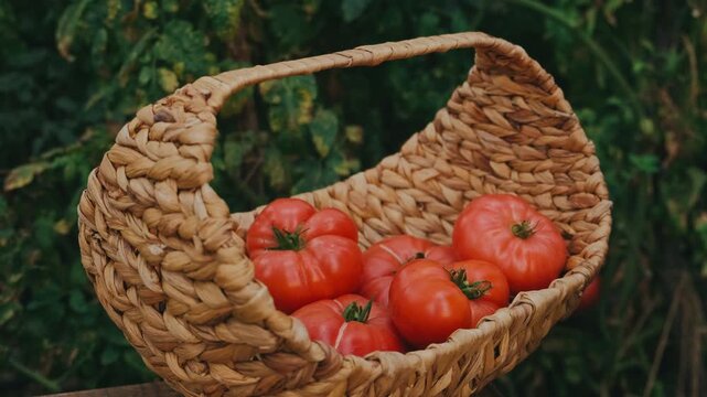 right hand lifts large ripe tomato from woven straw basket filled with heirloom-style tomatoes, outdoor