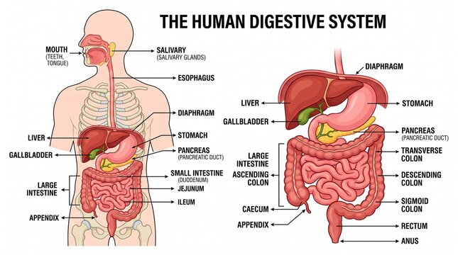 Human Digestive System Anatomy Chart with Labeled Internal Organs and Biological Structures