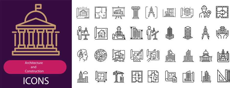 Set of Outline Building Icons, Architectural Design, Linear Icon Collection, Editable Stroke, Vector Illustration