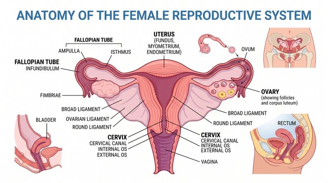 Anatomy of the female reproductive system diagram with labeled internal organs