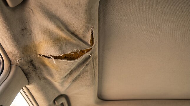 Damaged car headliner with torn fabric and visible foam. Internal vehicle roof lining needing repair. Automotive upholstery wear and tear