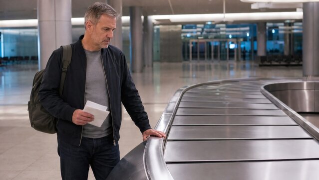 Concerned passenger waits beside an empty airport baggage carousel, holding documents and facing delayed luggage, travel disruption, and uncertainty after arrival.