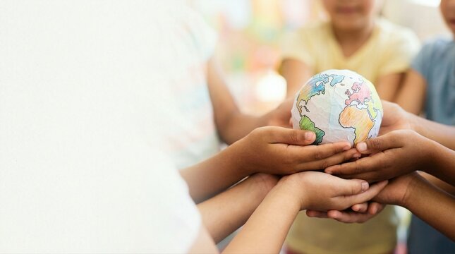 Diverse children holding a handmade paper globe together in a classroom. Promoting global unity and friendship among youth. World Childrens Day and environmental protection concept.
