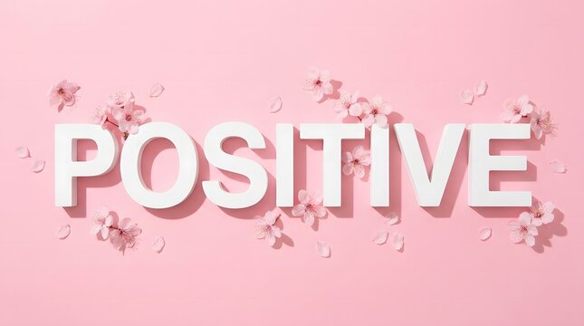 The word positive spelled out in white paper letters on a pink background