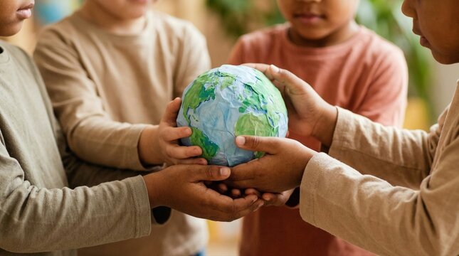 Diverse children holding a paper globe together in a bright classroom. Promoting global unity and environmental care among youths. World Childrens Day and future sustainability concept.
