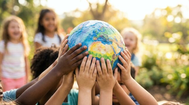 Diverse children holding up a globe together outdoors in a sunny park. Multiethnic friendship and unity supporting global education. World Childrens Day peace and international cooperation.
