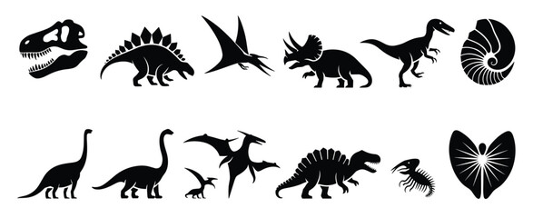 Assorted black silhouettes of various prehistoric dinosaurs, including t-rex, stegosaurus, pterodactyl, triceratops, and a fossilized shell, on a white background © Nargis
