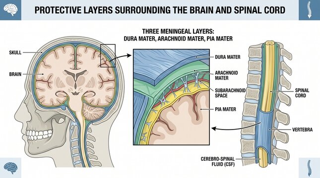 Medical Infographic of Brain and Spinal Cord Protective Meninges Layers