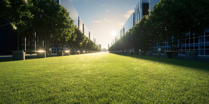 High resolution 3d urban park with green lawn, tree lined walkway, modern buildings, warm sunlight, symmetrical perspective, peaceful city environment, sustainable landscape, commercial background.