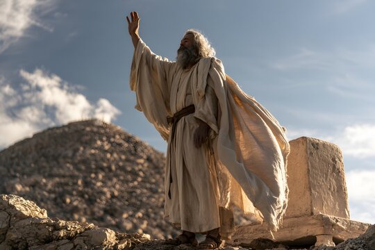 Ancient prophet standing on a rocky hill with hand raised towards the sky in a desert landscape