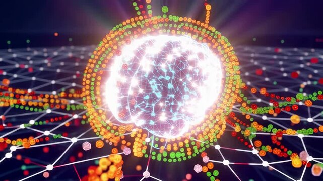 Glowing neural network brains pulsing with data streams during abstract digital network simulation