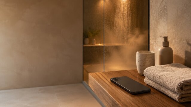 Dark showering concept. Serene modern bathroom with shower steam and spa essentials, background