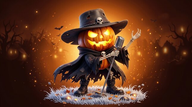 A spooky pumpkinheaded skeleton character wearing a tattered cloak and hat, singing into a vintage microphone in a dark forest
