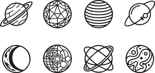 Solar system planet icon set black line vector symbols saturn moon orbit galaxy space exploration astronomy concept © smcreovent