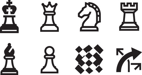 Fototapeta premium Chess piece icon set black linear vector symbols king queen knight rook bishop pawn chessboard strategy concept