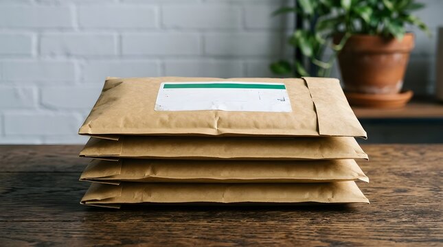 Stack of brown padded mailers on wooden table for e-commerce shipping and delivery service