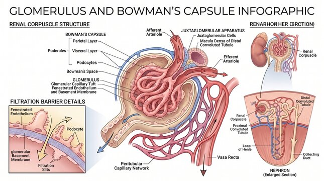 Medical infographic of human nephron anatomy showing glomerulus and Bowman's capsule structure