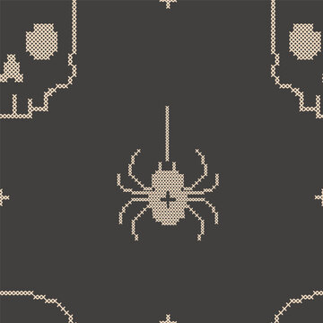 Gothic cross stitch Halloween seamless pattern. Embroidery folk art texture. Repeatable skull and hanging spider motif on dark backdrop for digital scrapbooking, autumn textiles, eerie surface design.