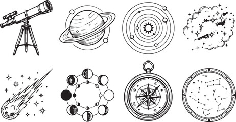 Astronomy and space exploration icon set black linear vector symbols of telescope saturn solar system nebula meteor moon phases compass star map © smcreovent