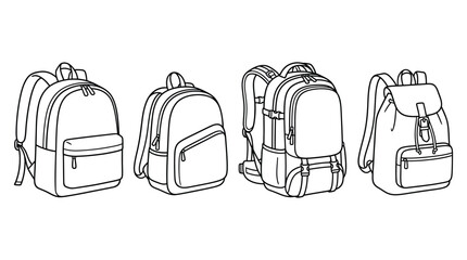 Four black and white line drawing illustrations of various backpacks © Tahmina