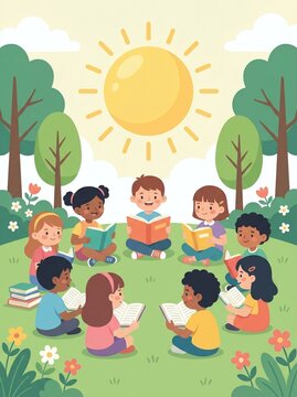 Diverse children sitting in a circle reading books outdoors on grass. Joyful learning together in nature promoting literacy. World Childrens Day celebration and education learning.