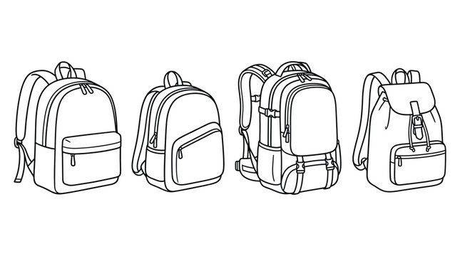 Four black and white line drawing illustrations of various backpacks