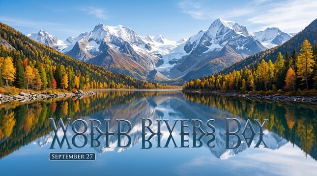 World Rivers Day September 27 Awareness Campaign. Clean water conservation poster background with mountain lake and autumn forest reflections.