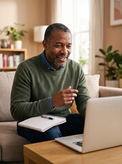 Fototapeta premium A middle aged black man smiles while writing in a notebook and working on a laptop in his living room.