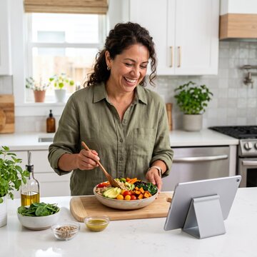 A hispanic woman smiles while preparing a fresh vegetable salad in her kitchen, following an online recipe on a tablet.