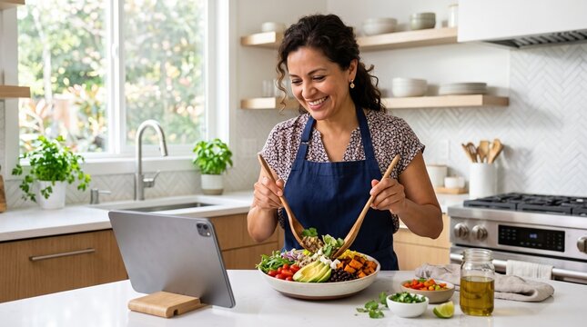 A hispanic woman smiles while preparing a fresh vegetable salad in her kitchen, following an online recipe on a tablet.