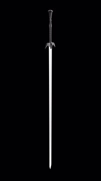A video of a greatsword hovering in the air and spinning around its axis against a transparent background. A presentation video of a greatsword against a transparent background.