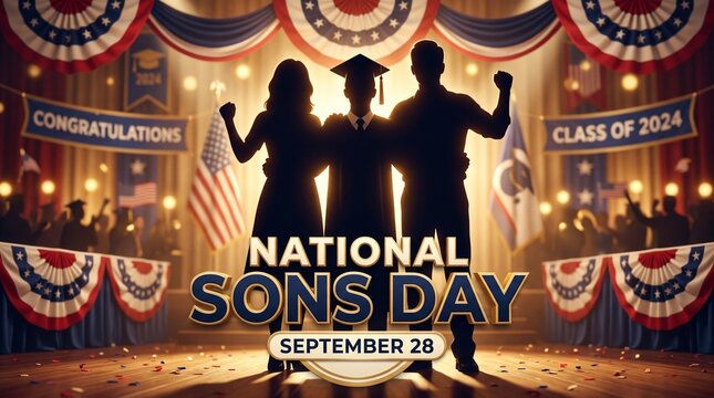 National Sons Day September 28 Poster Design, Class of 2024 Graduation Celebration with Patriotic American Flag Decorations, Silhouettes