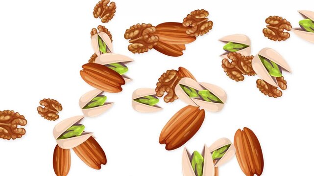Animation of Mixed Nuts Falling and Floating on White Background