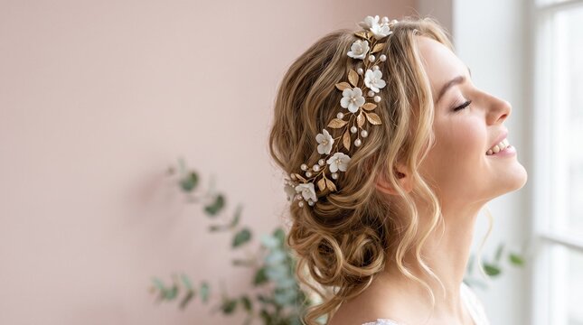 Bridal hair vine flowers, Young blonde woman with floral hair accessory smiling by window  