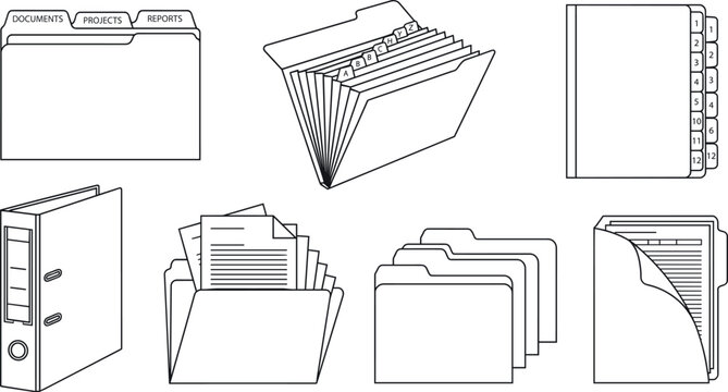 Office document folders and paper binders vector line art icons set showing organizing data archive file management tools