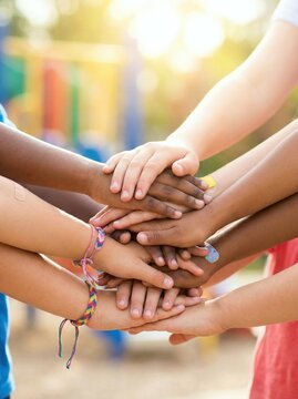 Diverse children stacking hands together in a sunny outdoor playground. Joyful expression of friendship unity and teamwork among youth. World Childrens Day celebration and community diversity.