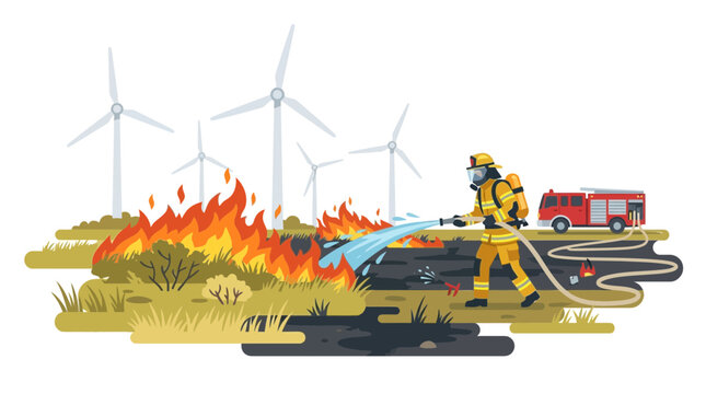Firefighter extinguishing wildfire near wind turbines with fire truck