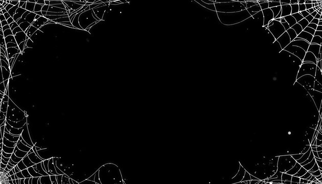 Spooky spider web frame on black background, white cobweb border for Halloween, decorative gothic corner elements for invitations