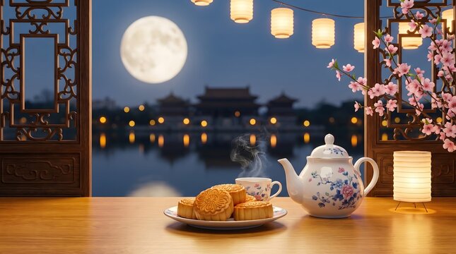Mid Autumn Festival Mooncakes with Tea Set on Table Overlooking Chinese Palace Under Full Moon