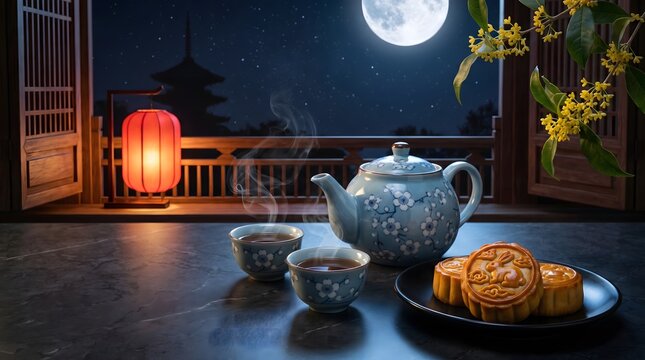 Mid Autumn Festival Mooncakes with Steaming Tea Set by Window Under Full Moon at Night
