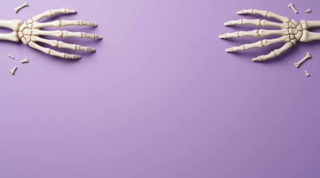 Two human skeleton hands reaching from the sides on a soft purple background, with scattered small, bone pieces for, a halloween themed composition