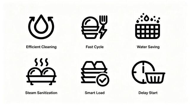 Black line dishwasher selling point icon kit, representing fast washing water-saving steam sterilization, suitable for home appliance websites and product parameter display sections.

