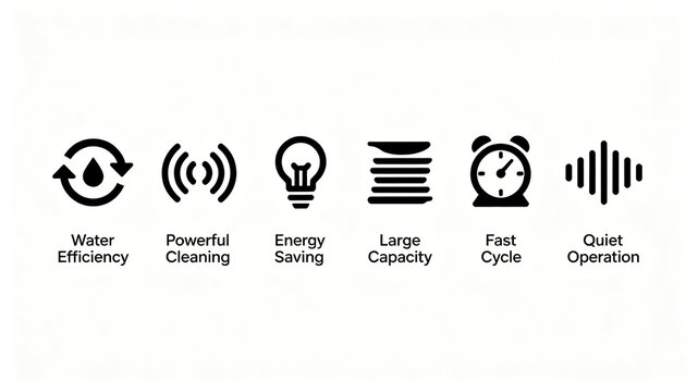 Simplified home appliance function icon, representing water-saving, strong cleaning, and energy-saving selling points, suitable for dishwasher manufacturers' details and product manuals.
